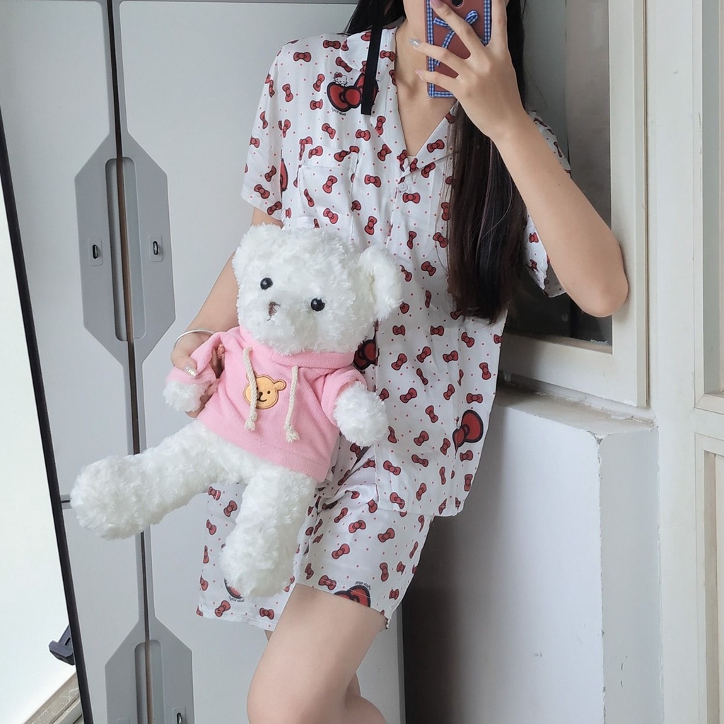 Bộ Đồ Ngủ Bằng Lụa Mát Mềm Mại In Hình Hello Kitty Đính Nơ Thời Trang Mùa Hè Dành Cho Bạn Gái