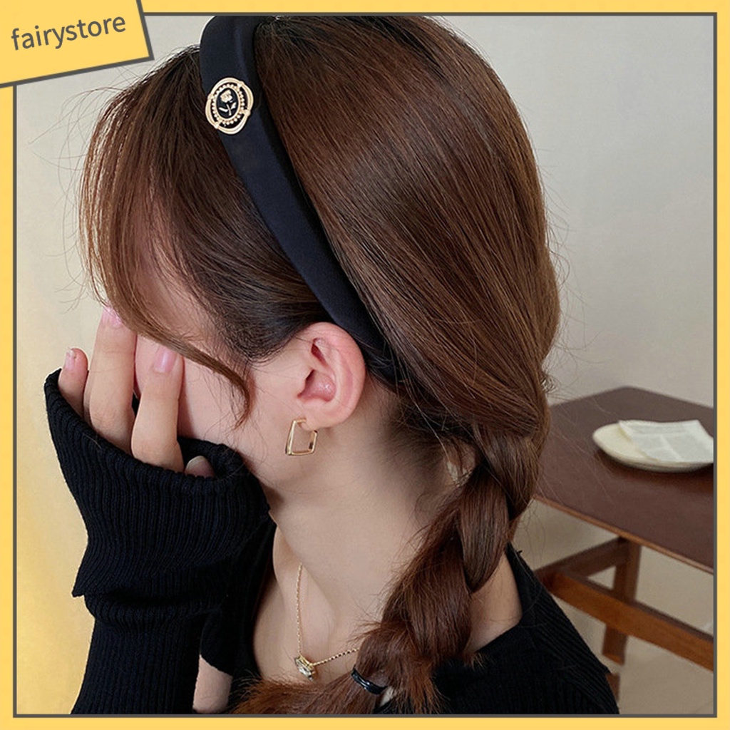 Băng Đô Cài Tóc Bản Rộng Đính Hoa Trà Và Ngọc Trai Nhân Tạo Màu Trơn Kiểu Vintage