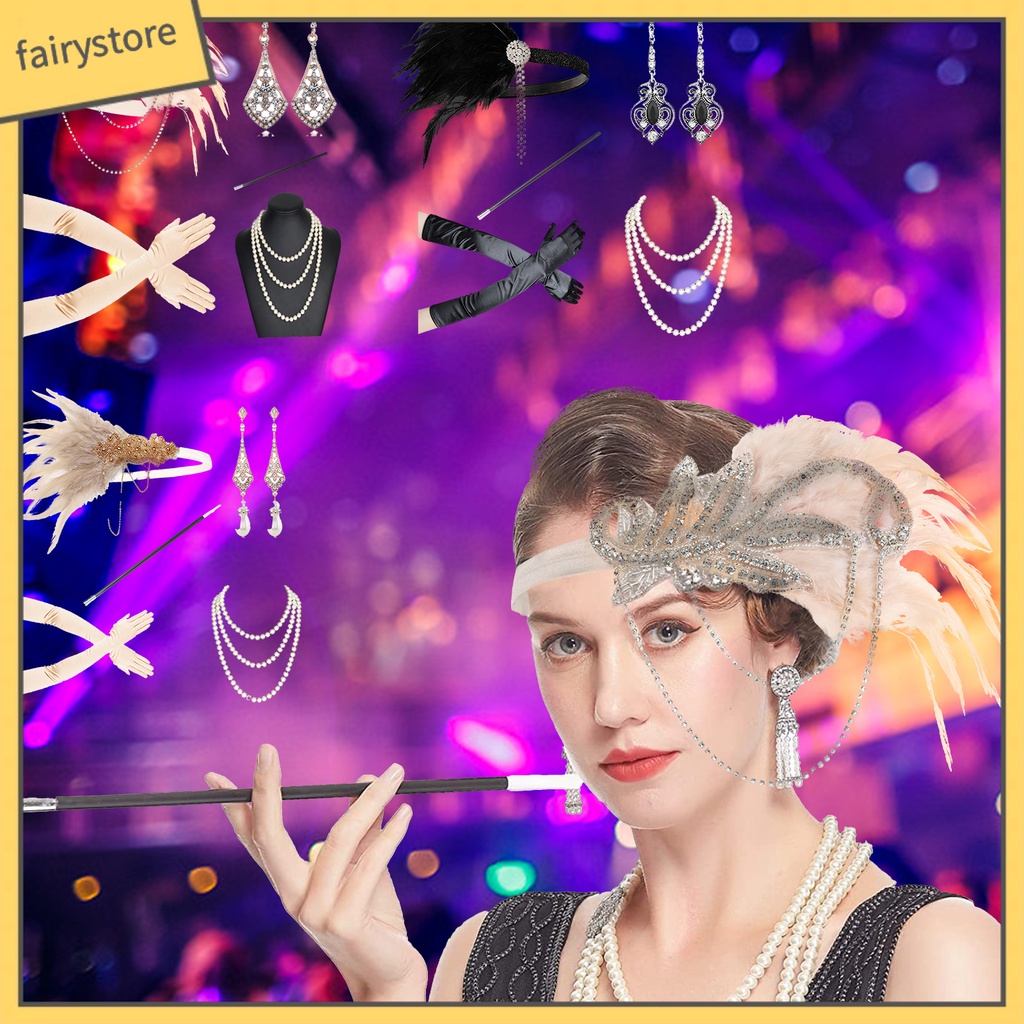 1 Bộ Bông Tai Đính Ngọc Trai Và Lông Vũ Lấp Lánh Phong Cách Retro Dành Cho Nữ