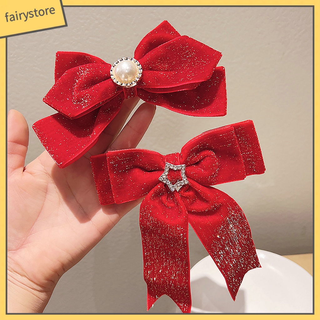 Kẹp Tóc Nơ Đính Ngọc Trai Giả Lấp Lánh Chống Trượt Trang Trí Năm Mới