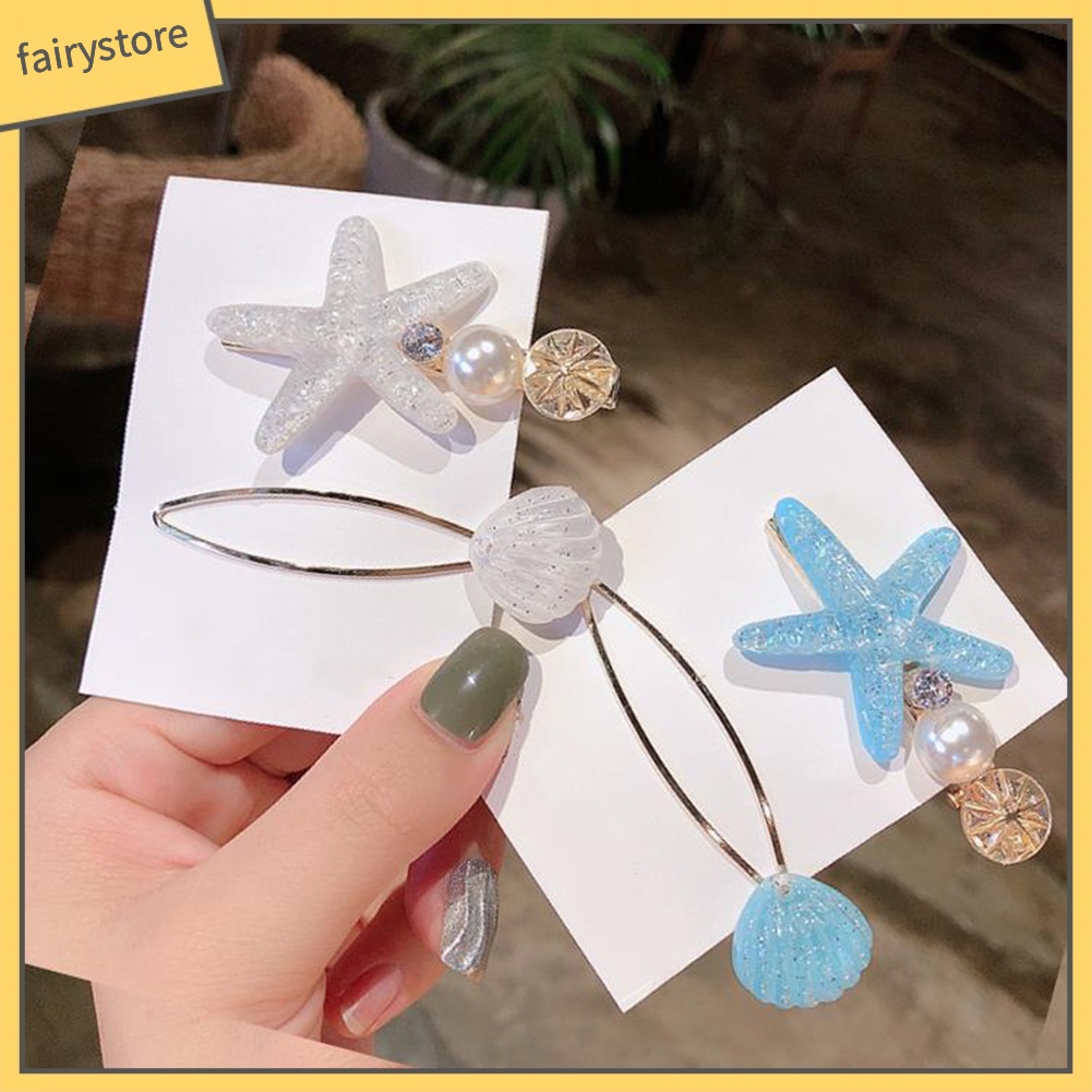 Set 2 Kẹp Tóc Hình Vỏ Sò / Sao Biển Đính Ngọc Trai Giả Thời Trang Cho Nữ