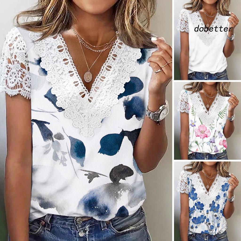 Áo Thun Tay Ngắn Cổ Chữ V Phối Ren Hoa Mỏng Co Giãn Thời Trang Mùa Hè Cho Nữ