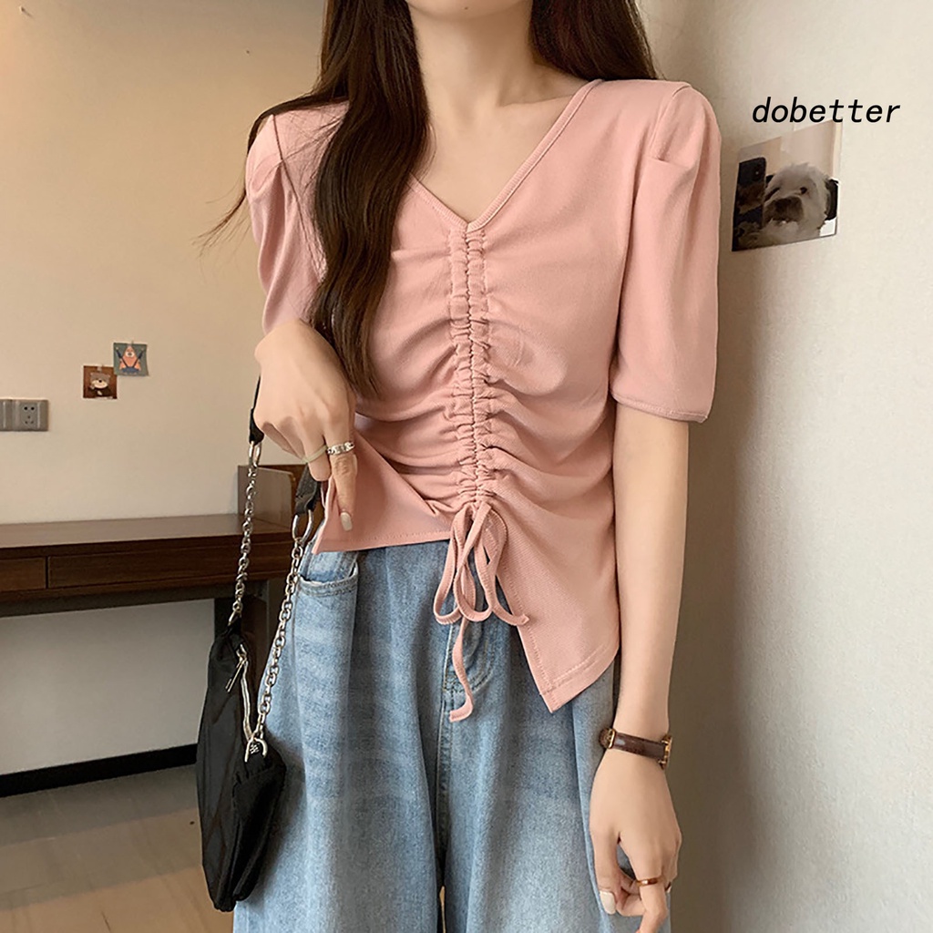 Áo Thun Tay Ngắn Cổ Chữ V Màu Trơn Phối Dây Rút Thời Trang Mùa Hè Cho Nữ