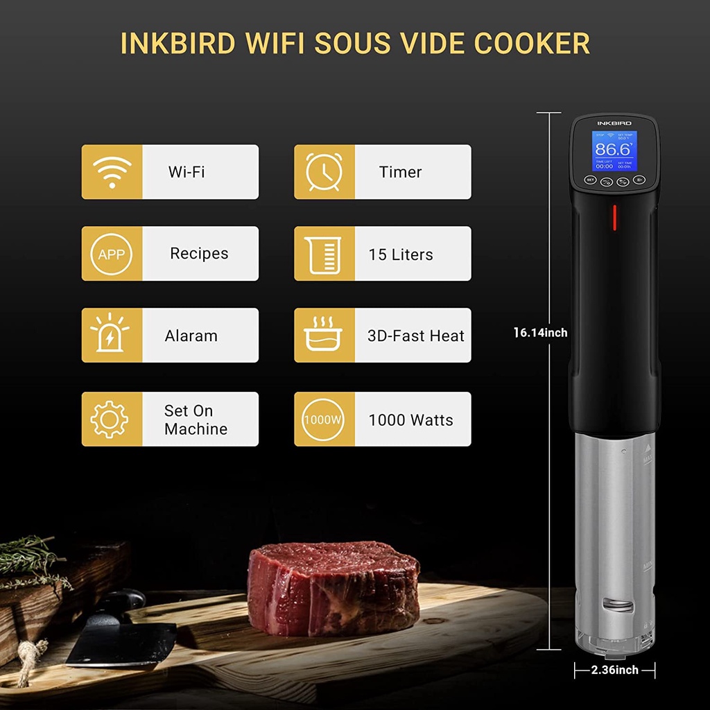 Máy Sous Vide Inkbird 1000W Nấu Thịt Thông Minh- Wifi, Điều Khiển App, Nấu Thịt Bò Heo Siêu Mềm Máy nấu chậm