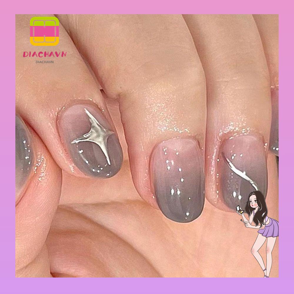 Set 24 Móng Tay Giả Dạng Nhấn Hình Ngôi Sao Màu Xám DIY