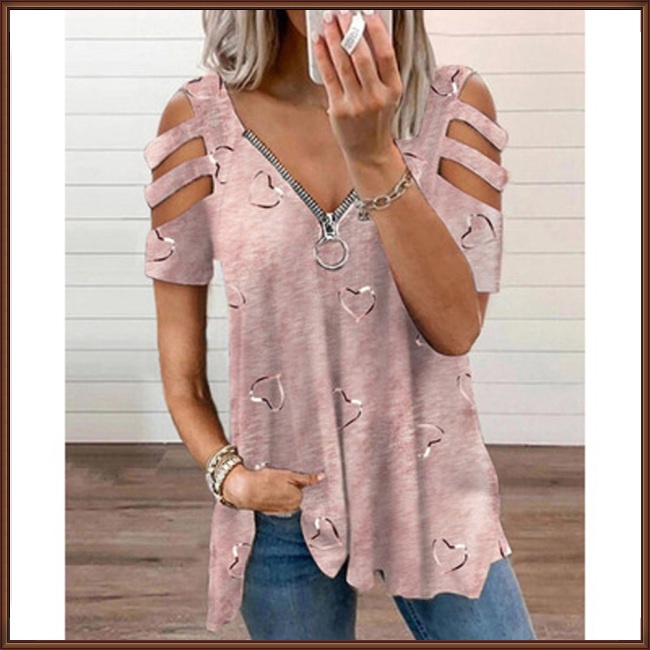 Áo Thun Tay Ngắn Cổ Chữ V Dáng Rộng Có Khóa Kéo In Họa Tiết Tinh Tế Thời Trang Cho Nữ