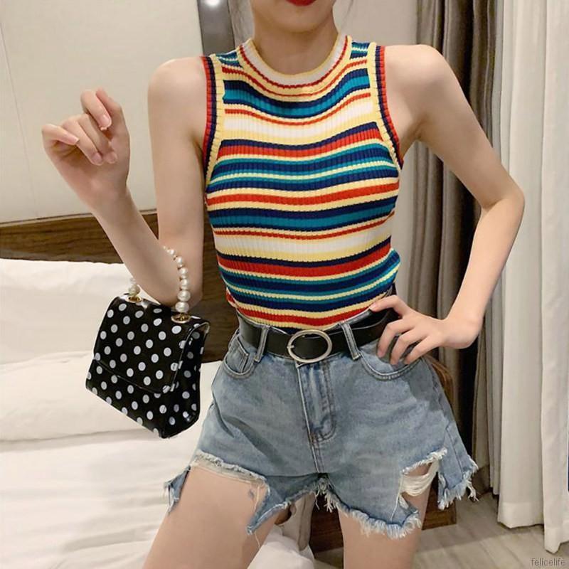 Áo Croptop Dệt Kim Sát Nách Kẻ Sọc Cầu Vồng Xinh Xắn Cho Nữ