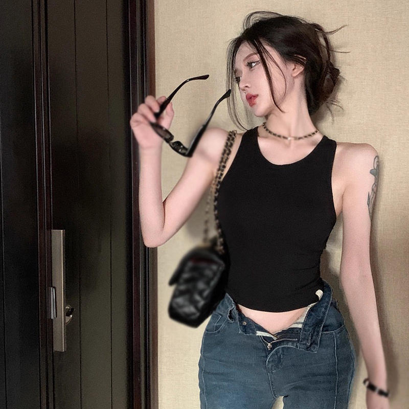 Áo Croptop Cotton Hai Dây Có Mút Đệm Ngực Hở Lưng Màu Trơn Phong Cách Mỹ Quyến Rũ Dành Cho Nữ