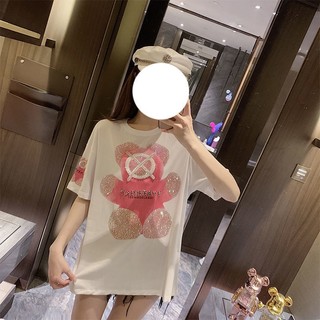 Áo Thun Ngắn Tay Dáng Rộng Họa Tiết Gấu Đính Kim Cương Giả Thời Trang Mùa Hè