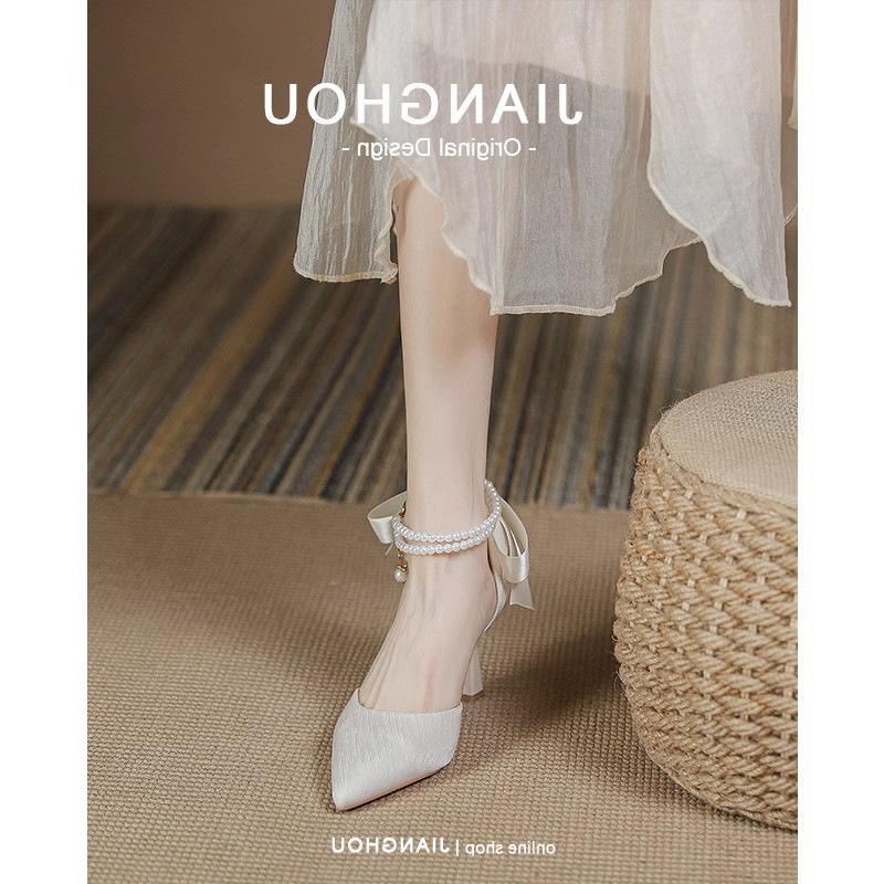 Duoya Tóc Thẳng ~ [Hàng Có Sẵn] [Sandal Cao Cấp Niche Đính Nơ Ngọc Trai Siêu Cổ Tích Miễn Phí Vận Chuyển