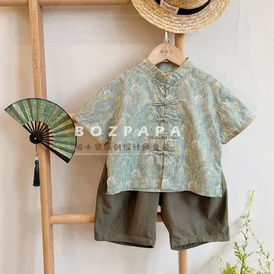 Áo Sơ Mi Ngắn Tay Cài Nút Họa Tiết Tùy Chỉnh Phong Cách Trung Hoa Cổ Điển Thời Trang Mới Cho Bé Trai