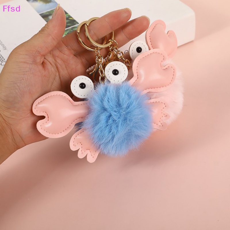 {Ffsd} Móc Chìa Khóa Xe Hơi Bằng Da Mặt Hình Con Cua Phối Banh Lông Đáng Yêu Thời Trang Dành Cho Bạn Nữ Làm Quà Tặng