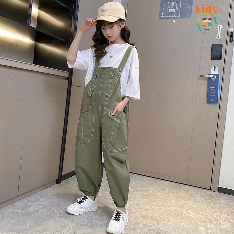 Bộ Áo Thun Tay Ngắn + Quần Yếm Thời Trang Mùa Hè Mới Cho Bé Gái 3-5 - 8-10 - 12-13 Tuổi