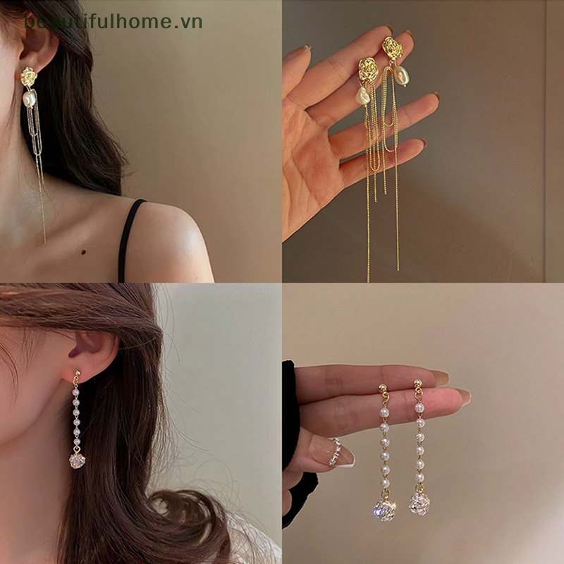 [beautifulhome] Bông Tai Ngọc Trai Kim Loại Dài Tua Rua Hình Học Thời Trang Cổ Điển Tinh Tế [beauty]