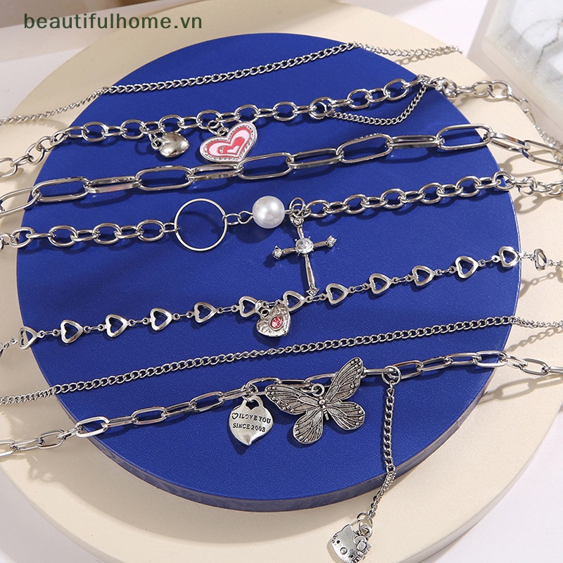 [beautifulhome] Ins net red Vòng cổ Hai Lớp Chuỗi Ngọc Trai Mặt Thánh Giá Và Bướm Trái Tim Nhỏ [Người Đẹp]