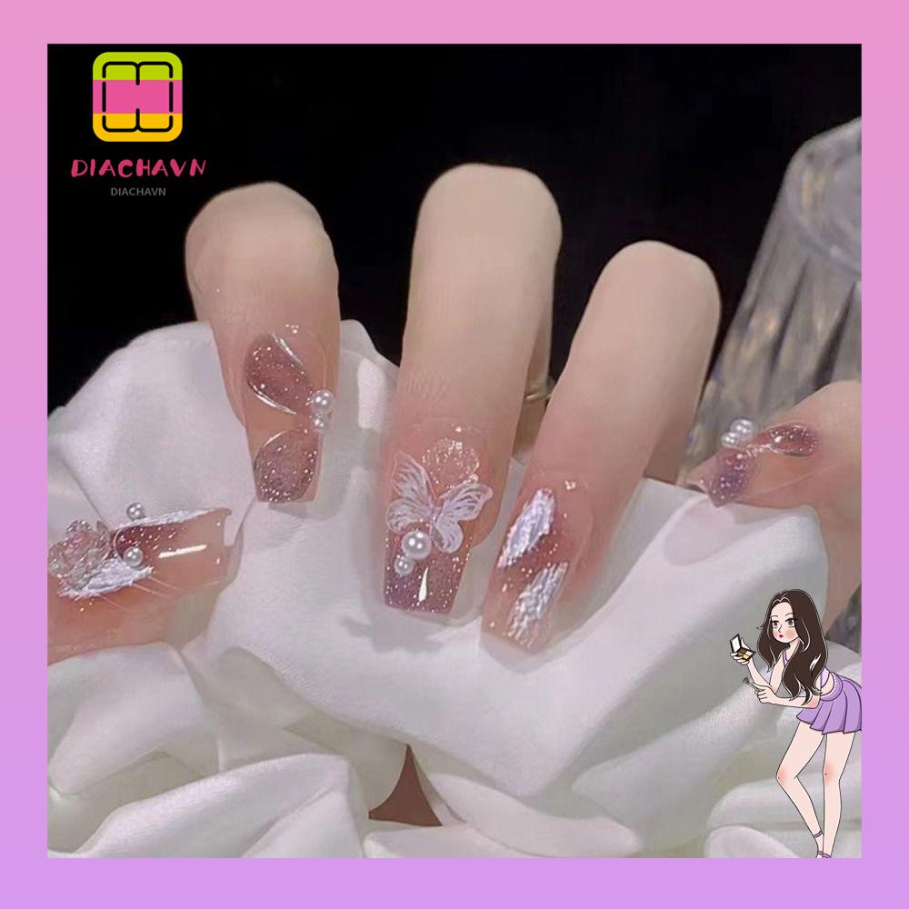 Set 24 Móng Tay Giả Có Thể Tháo Rời|Đầm In Hình Bướm Phong Cách Pháp Thời Trang