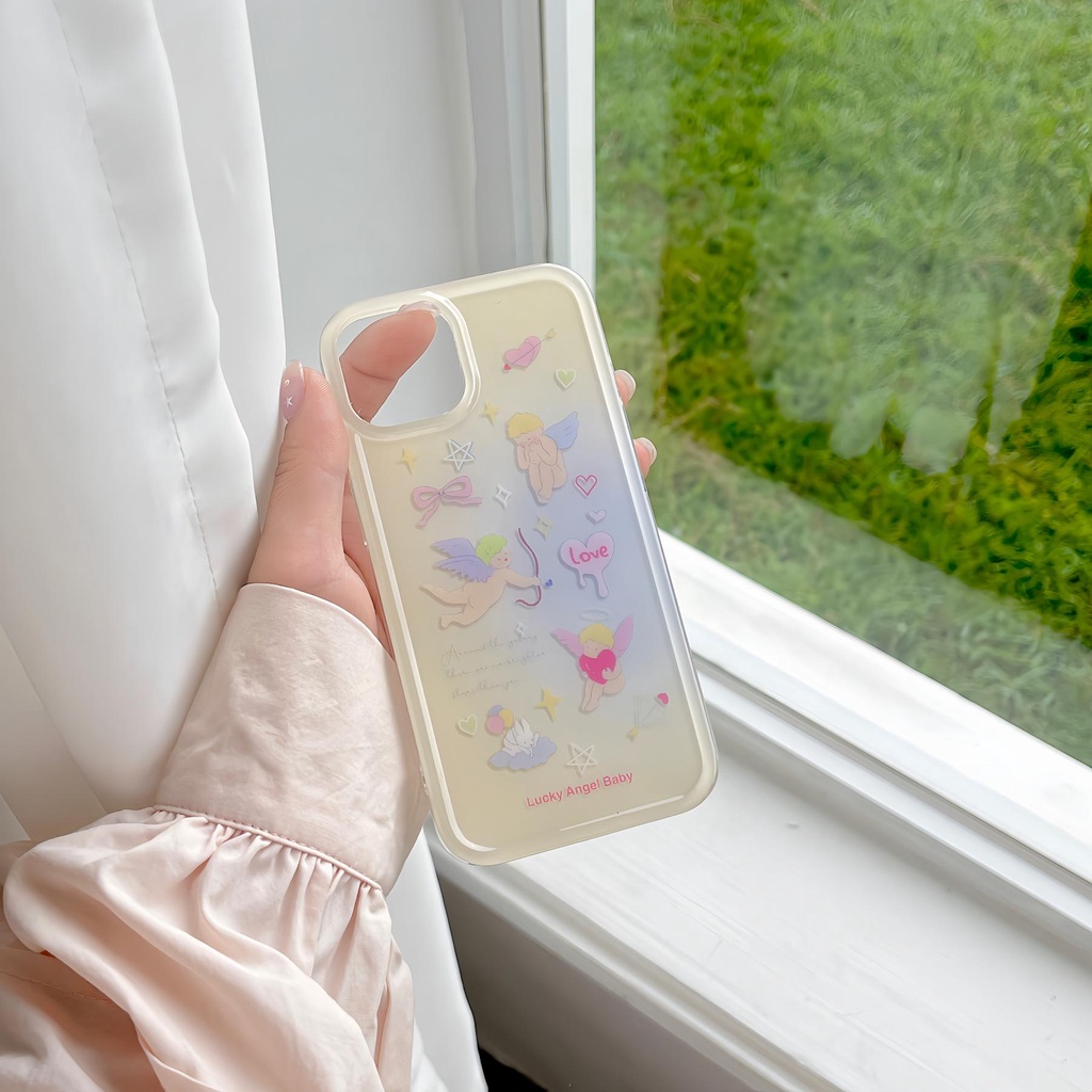 Ốp Điện Thoại Imd Trong Suốt Viền Thẳng In Hoạt Hình Thiên Thần Kèm Giá Đỡ Cho iPhone 14 13 12 11 PRO MAX
