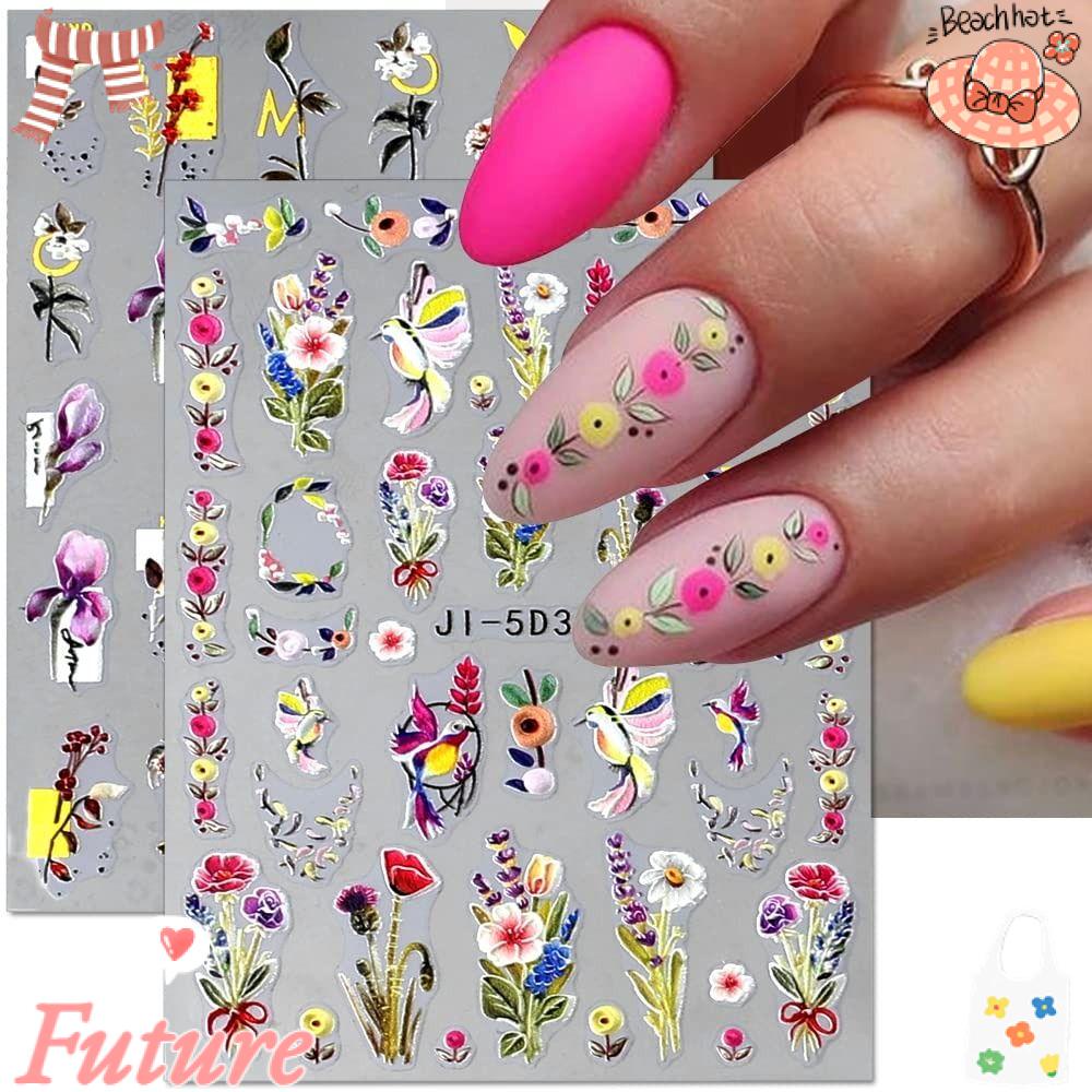 Nhãn Dán Trang Trí Móng Tay Họa Tiết Hoa Và Chim Dập Nổi 5D Phong Cách Mới