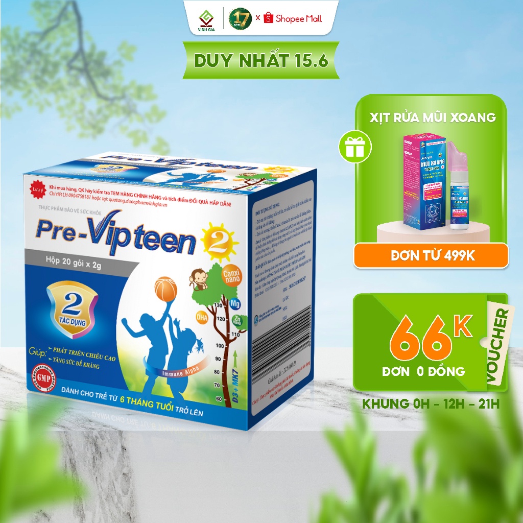 Cốm Pre-Vipteen 2 VINH GIA Tăng Sức Đề Kháng, Bổ Sung Canxi Tăng Chiều Cao, Phát Triển Thể Lực Cho Trẻ Hộp 20 Gói