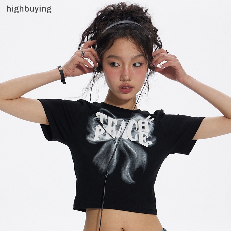 Áo Thun Lửng Ngắn Tay Cổ Tròn In Họa Tiết Phong Cách Retro Cho Nữ