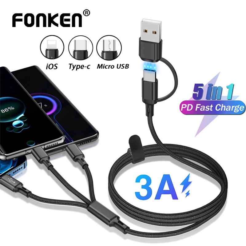 Cáp Sạc Fonken 5 Trong 1 3A USB / Type C Sang Micro USB / Type-C / iOS Cho Iphone Samsung Xiaomi Huawei 1.2M