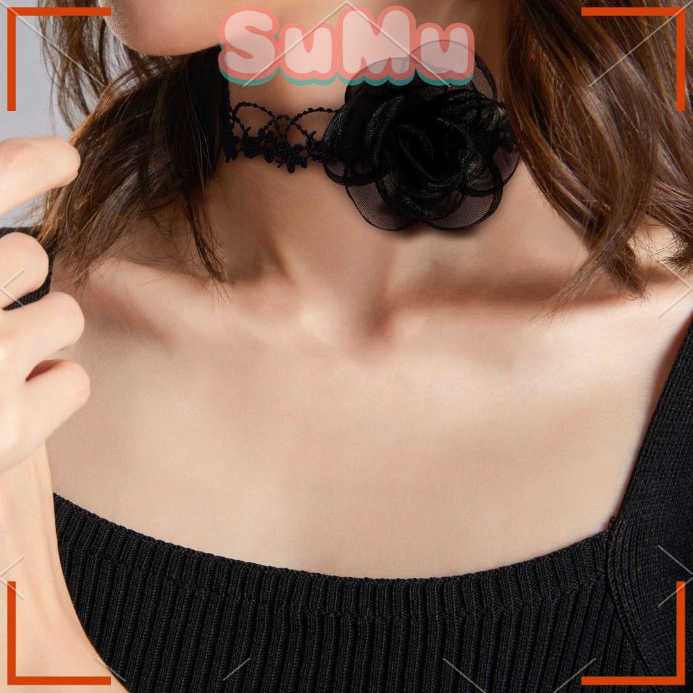 Set 6 Vòng Cổ Thắt Nơ Màu Đen Phối Hoa Trà Gợi Cảm