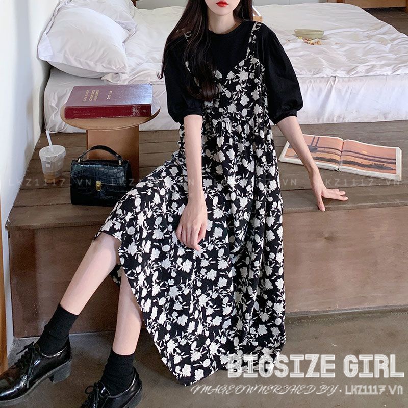 Váy đầm nữ Bigsize Đầm hoa nhí dáng suông Giả Hai tay ngắn cổ tròn mùa hè Phong cách Hàn Quốc Thời Trang đẹp