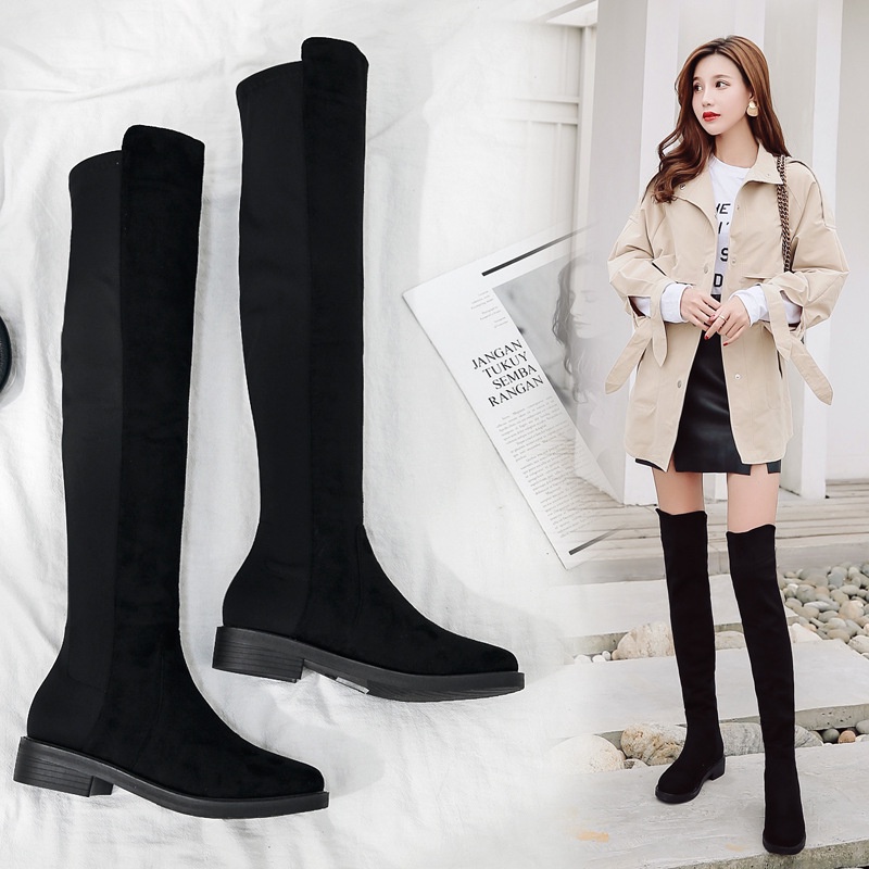 Giày Bốt Gót Dày Qua Gối Gót Thấp Co Giãn Thời Trang Thu Đông Cho Nữ