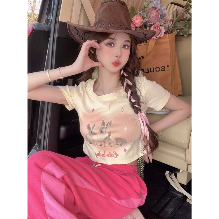 Áo Thun Tay Ngắn Hở Vai Màu Đen In Hình Thỏ Phong Cách Hàn Quốc Thời Trang Mùa Hè Cho Nữ