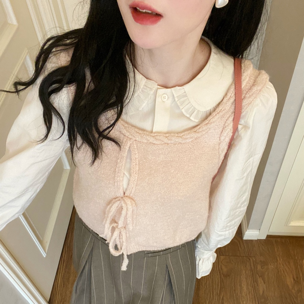 Set Áo Sơ Mi Cổ Búp Bê Và Áo Len Không Tay Xinh Xắn Cho Nữ