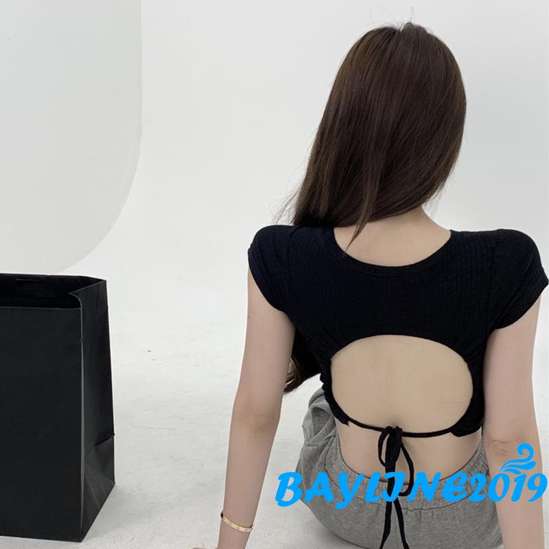 Áo Croptop Ngắn Tay Hở Lưng Màu Sắc Trơn Cột Dây Thời Trang Mùa Hè Cho Nữ