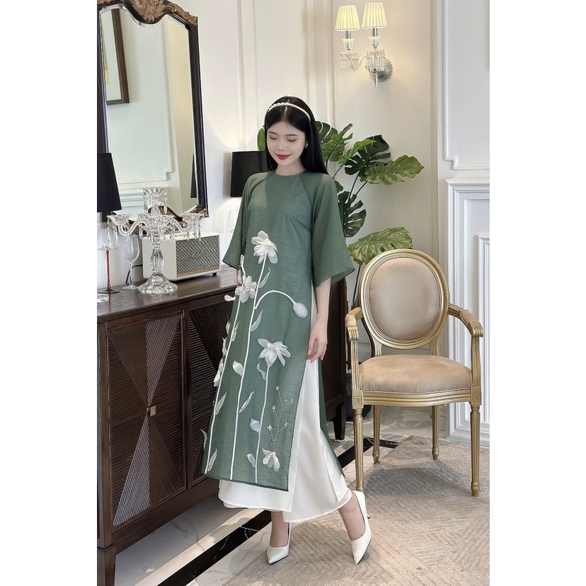 🔥MIỄN SHIP🔥 Áo dài cách tân 4 tà đính kết hoa chất liệu tơ cao cấp -  Xưởng Áo Dài Cách Tân - AD39