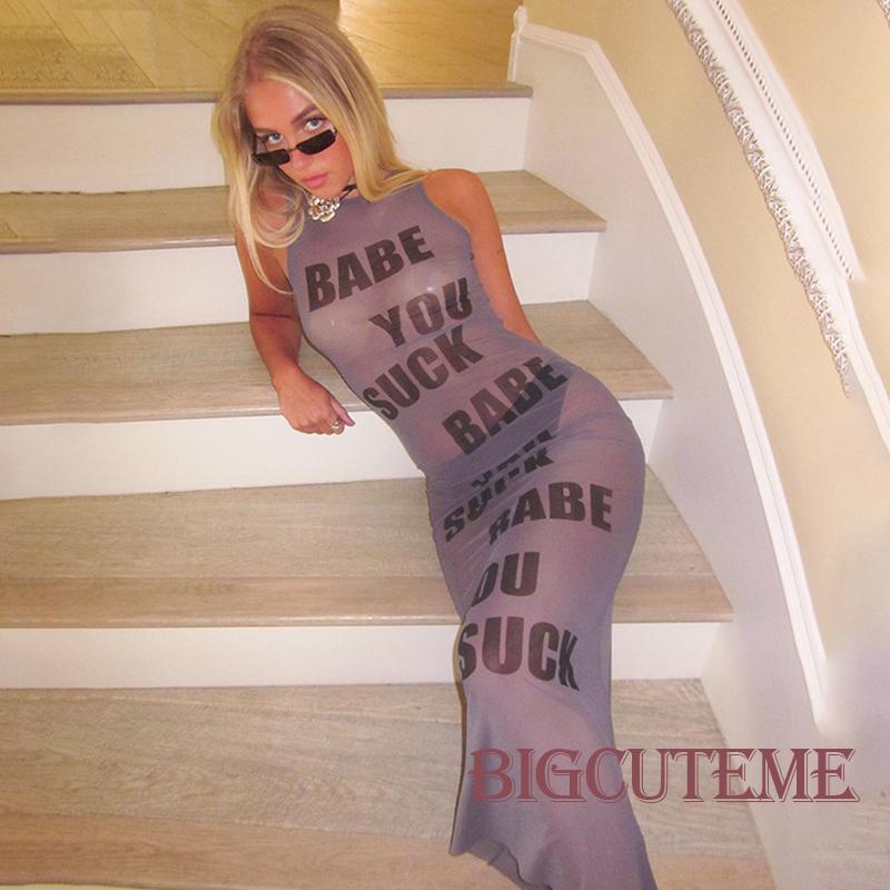 Đầm Lưới Dài Không Tay Cổ Thuyền In Chữ Thời Trang Mùa Hè Dành Cho Nữ