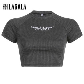 RelaGala Nữ Đường Phố Đau Khổ Thêu Eo Skinny Hip Hop Áo Len Áo Thun