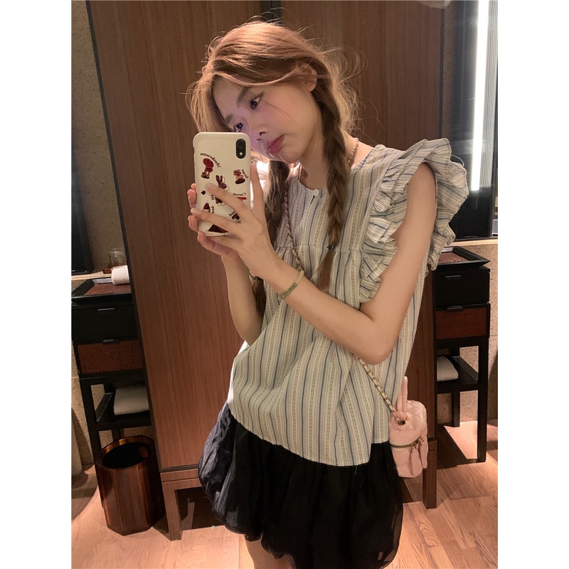 SUXI Áo Sơ Mi Tay Cánh Tiên Dáng Rộng Họa Tiết Kẻ Sọc Phong Cách Vintage Hàn Quốc