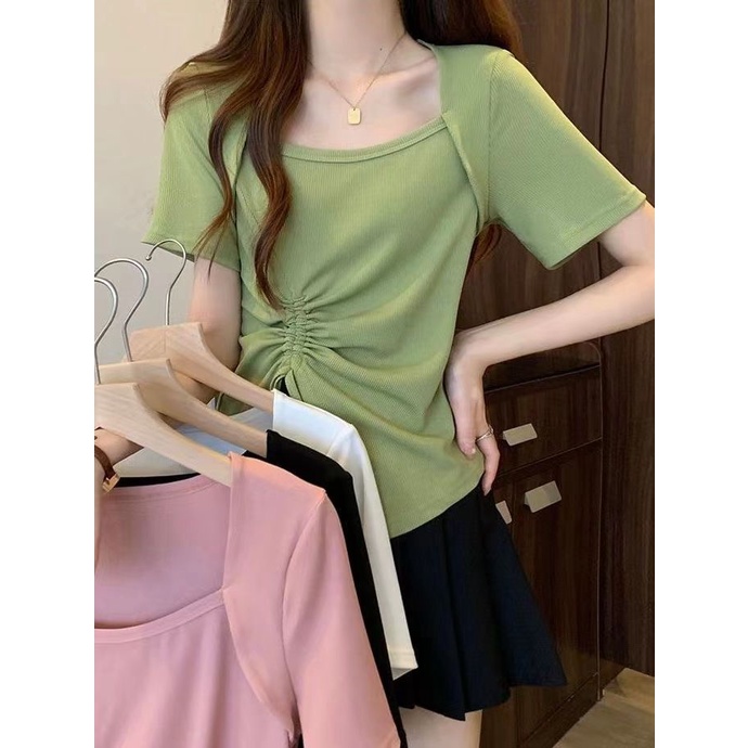 Áo Thun Tay Ngắn Cổ Vuông Thiết Kế Không Đồng Đều Phong Cách Mới Mùa Hè Cho Nữ