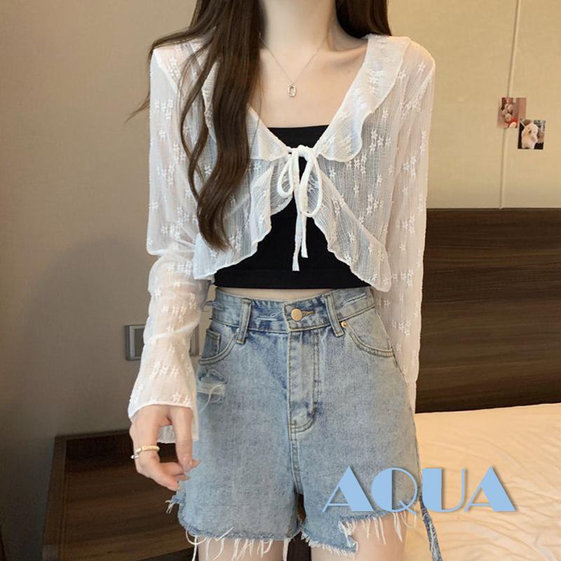 Áo Cardigan Ren Hoa Nhún Bèo Phía Trước Chống Bụi Bẩn Tay Dài Cho Nữ