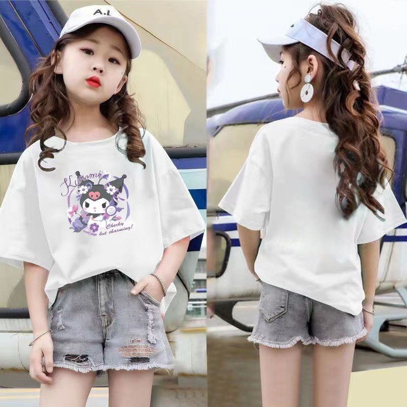 Áo Thun Tay Ngắn Màu Trơn In Số Kuromi Melody Dễ Thương Thời Trang Mùa Hè Cho Bé Gái 100-160 Tuổi 2023