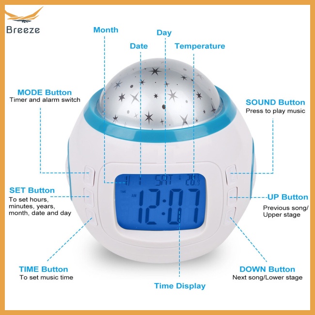 Đồng Hồ Báo Thức Tích Hợp Lịch Và Đèn Led Chiếu Hình Bầu Trời Sao 2 inch Có Nhạc Cho Bé