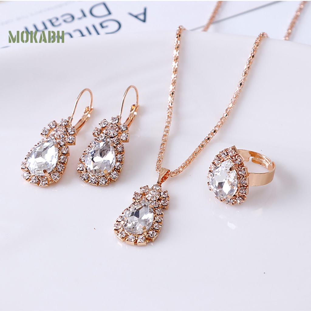 [Mok Abh] Set Vòng cổ + Nhẫn + Bông Tai Hình Giọt Nước Đính Đá Lấp Lánh Thời Trang Dự Tiệc Cho Nữ