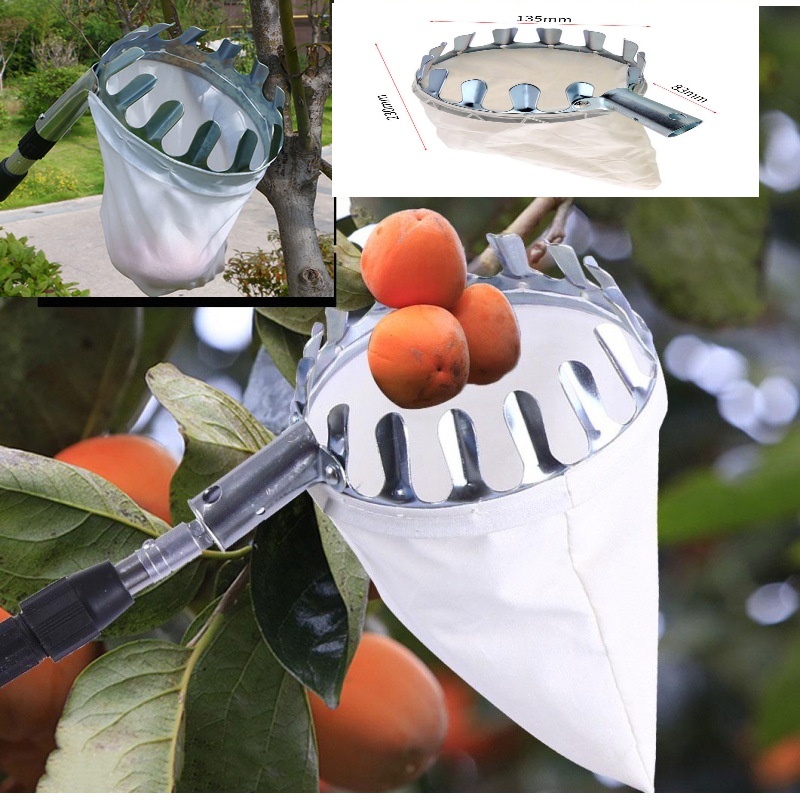 Vợt hái trái cây trên cao đa năng kèm túi vải, dụng cụ hái hoa quả kim loại siêu bền đẹp