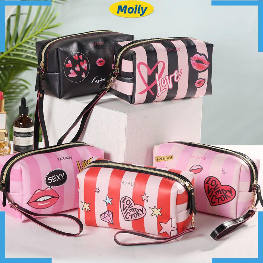 MOILYVN Túi Đựng Mỹ Phẩm Bằng Da Họa Tiết Trái Tim Xinh Xắn