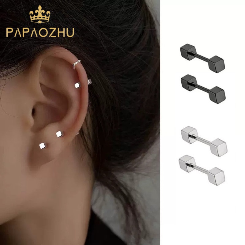 Đôi Khuyên Tai Hình Khối Lập Phương Bằng Thép Không Gỉ Màu Đen Thời Trang Cho Nam Và Nữ
