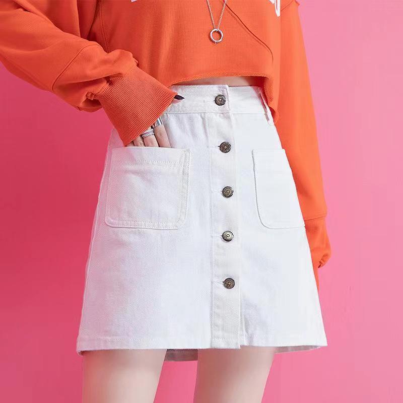 Váy denim mùa hè phụ nữ a-line váy eo cao túi hông học sinh mỏng và siêu hot váy ngắn