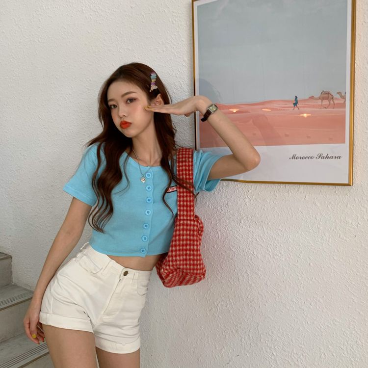 Áo Croptop Dệt Kim Tay Ngắn Dáng Rộng Thêu Họa Tiết Thời Trang Mùa Hè 2023 Mới Cho Nữ