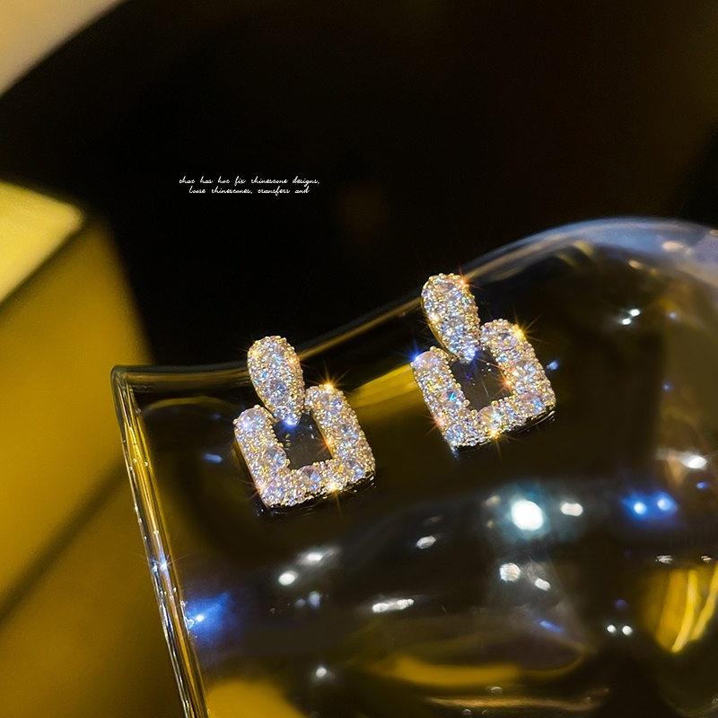 Bông Tai Mạ Bạc 925 Hình Vuông Đính Đá Thời Trang Dành Cho Nữ