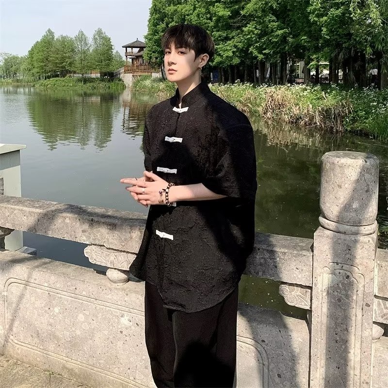 Áo Sơ Mi Ngắn Tay Cổ Đứng Cài Nút Dập Nổi Họa Tiết Phong Cách Trung Hoa