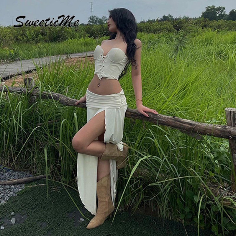 Bộ Áo Croptop Màu Trơn + Chân Váy Dài Xẻ Tà Lưng Thấp Thời Trang Quyến Rũ Cho Nữ SweeticMe 2023