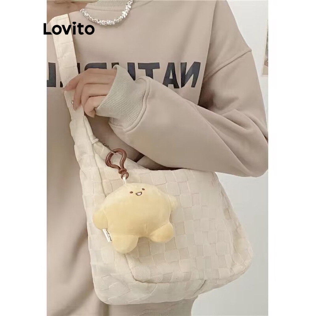 Lovito Túi tote đeo vai có khóa kéo kẻ caro thông thường cho nữ LNA09118 (Tắt Trắng/Xanh dương/Đen)