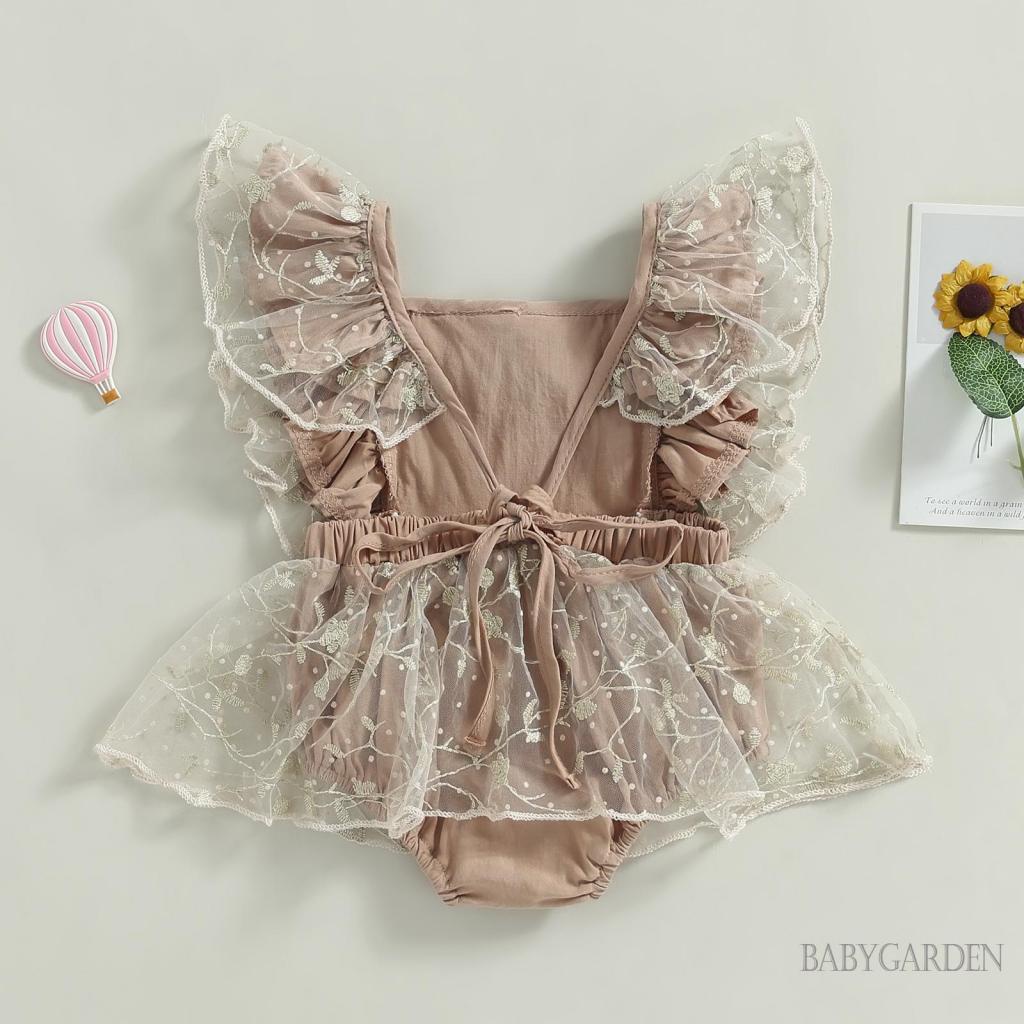 Bộ Áo Liền Quần Không Tay Phối Lưới Thêu Hoa Xinh Xắn Cho Bé Gái 0-24 Tháng Tuổi